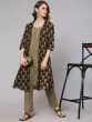 Olive & Grey Printed Kurta & Pant With Jacket Set