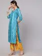 Blue & Mustard Printed Kurta & Palazzo With Dupatta Set
