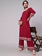 Magenta Solid Straight Kurta & Palazzo Set With Printed Border Details