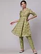 Green & Red Floral Printed A-Line Kurta With Pant Set