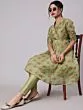 Green & Red Floral Printed A-Line Kurta With Pant Set