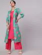 Green & Pink Floral Printed Kurta & Palazzo With Jacket Set