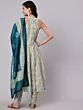 Cream & Blue Shibori Printed Anarkali & Pant With Dupatta Set