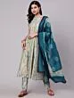 Cream & Blue Shibori Printed Anarkali & Pant With Dupatta Set