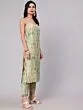 Cream & Green Shibori Printed Straight Kurta & Pant With Dupatta Set