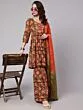 Brown & Orange Floral Printed Gathered Kurta And Sharara With Dupatta Set