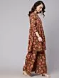 Brown & Orange Floral Printed Gathered Kurta And Sharara With Dupatta Set