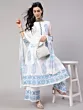 White & Blue Block Print Anarkali Palazzo With Dupatta