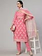 Pink Floral Print Kurta Pant With Dupatta