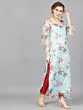 Turquoise Blue Organza Floral Printed Long Kurta