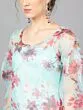 Turquoise Blue Organza Floral Printed Long Kurta