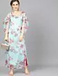 Turquoise Blue Organza Floral Printed Long Kurta