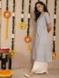 Grey & Blue Brocade Woven Design A-Line Kurta