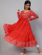 Red & White Bandhani Printed Tiered Anarkali