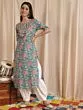 Green & Red Floral Printed Straight Kurta With Yoke Lace Details