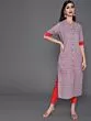 Red & Grey Striped Printed Straight Kurta