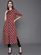 Maroon & Black Floral Printed Straight Kurta