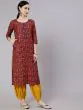 Maroon & Blue Floral Printed Straight Kurta