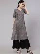 Grey & Black Floral Printed A-Line Kurta