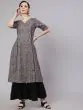 Grey & Black Floral Printed A-Line Kurta