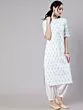 White & Blue Hand Block Printed Straight Kurta