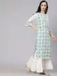 White & Green Hand Block Printed Straight Kurta