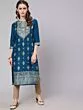 Royal Blue Gold Printed Straight Kurta