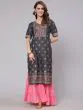 Grey Gold Placement Printed Straight Kurta