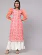 Peach Bandhani Printed Straight Kurta With Organza Sleeve