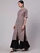 Grey & Black Floral Printed Button Down Kurta