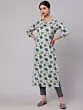 Cream & Blue Floral Printed Straight Kurta