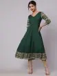 Dark Green Solid Anarkali With Printed Sleeve & Border Detail