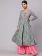 Light Blue & Pink Floral Printed Anarkali With Pom-Pom Lace