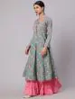 Light Blue & Pink Floral Printed Anarkali With Pom-Pom Lace