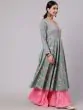 Light Blue & Pink Floral Printed Anarkali With Pom-Pom Lace
