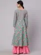 Light Blue & Pink Floral Printed Anarkali With Pom-Pom Lace