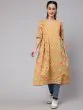 Yellow Floral Printed Gathered A-Line Kurta