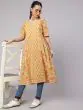 Yellow Floral Printed Gathered A-Line Kurta