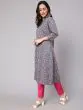 Grey Kantha Floral Printed A-Line Kurta