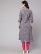 Grey Kantha Floral Printed A-Line Kurta