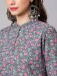 Grey Kantha Floral Printed A-Line Kurta