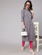Grey Kantha Floral Printed A-Line Kurta