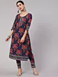 Women Navy Blue Floral Print Straight Kurta