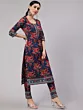 Women Navy Blue Floral Print Straight Kurta