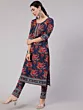Women Navy Blue Floral Print Straight Kurta
