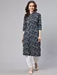 Navy Blue Floral Printed Button Down Kurta
