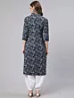 Navy Blue Floral Printed Button Down Kurta