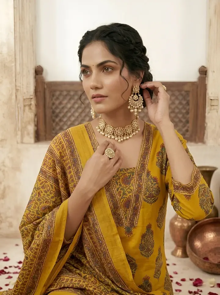 Yellow Printed Straight Kurta Set With Dupatta for Women