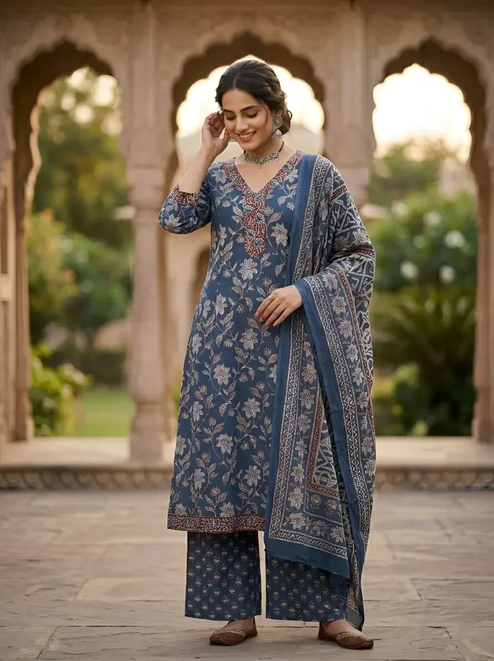 Navy Blue Printed A-Line Kurta Set With Dupatta for Women