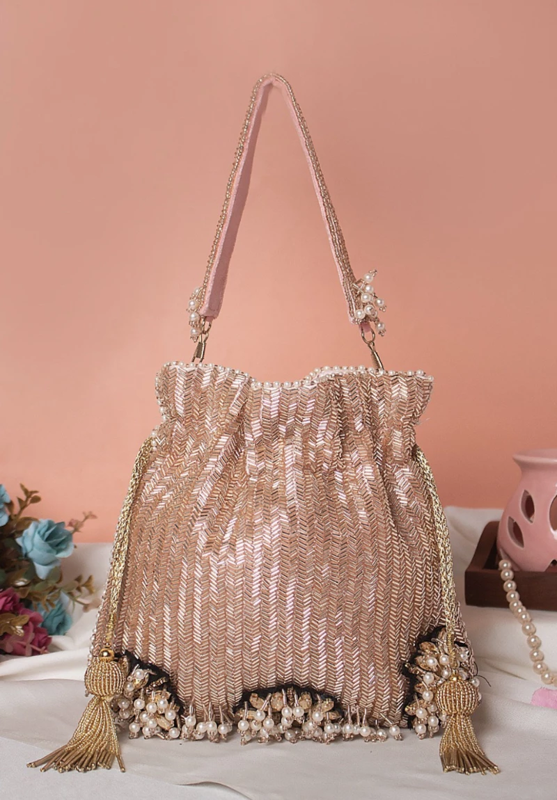 Peach Tubelight Embellish Luxury Bridal Potli Bag